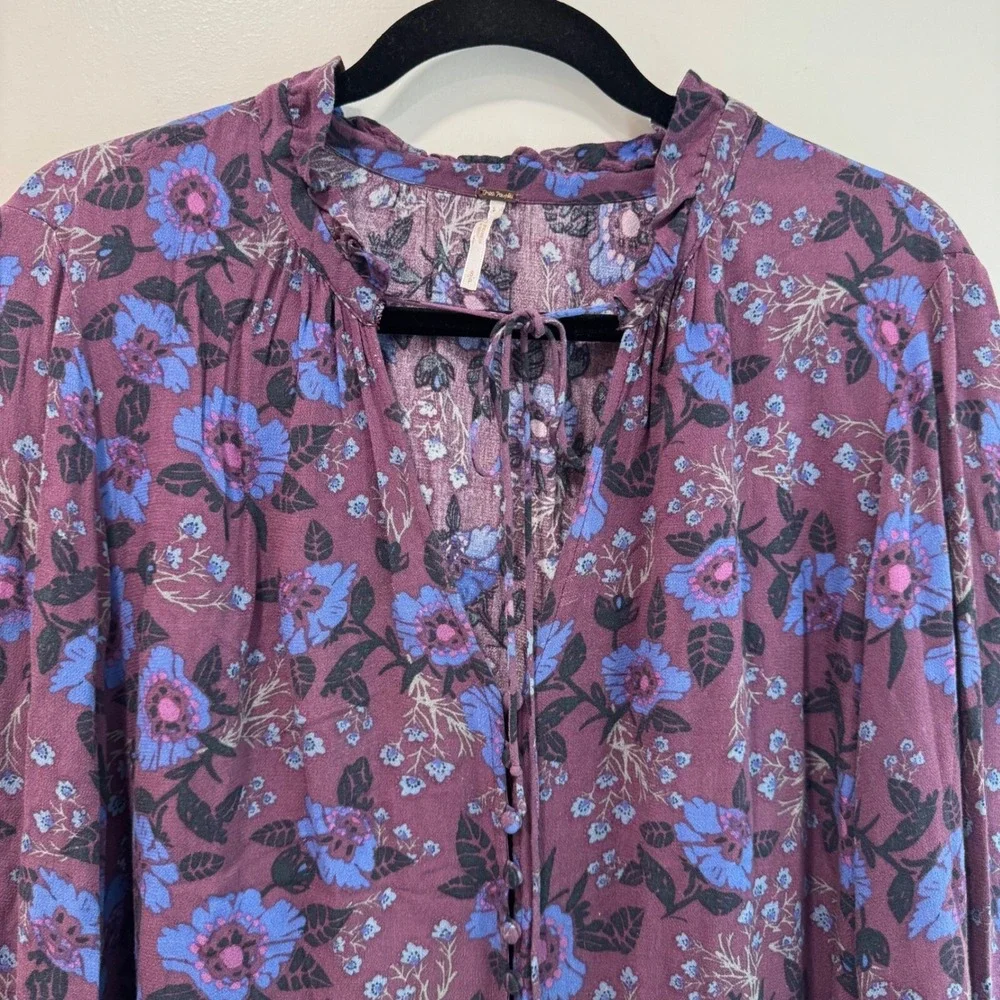 Free People Floral Tunic Top Bell Sleeve Button‎ Up Blouse Bohemian S